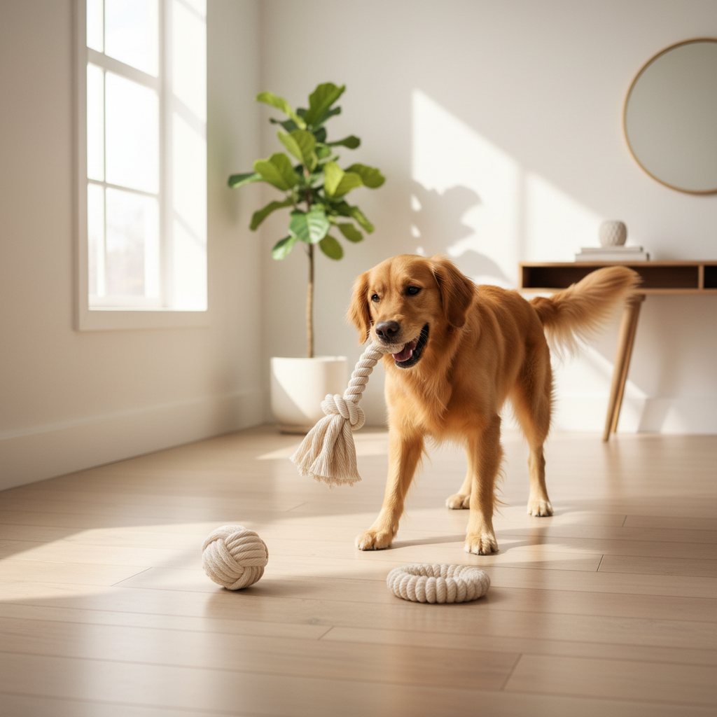 Dog playing with rope toys