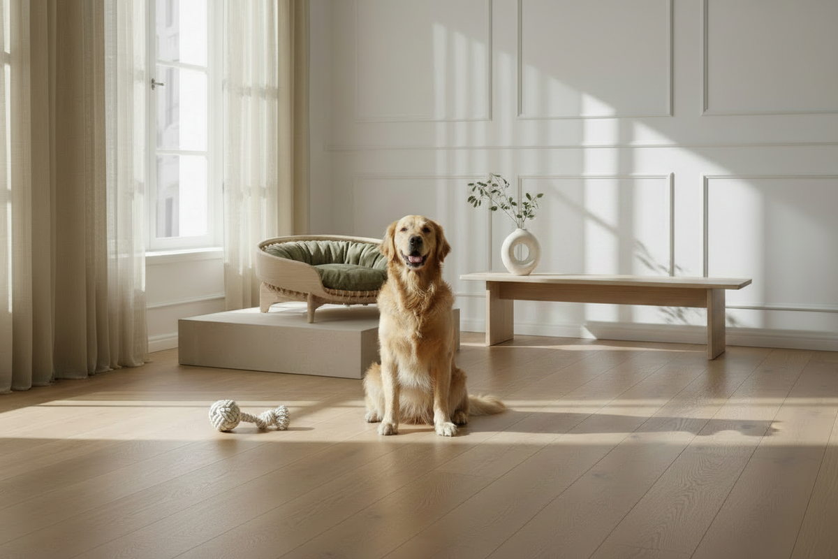Dog with rope toys in minimalist room